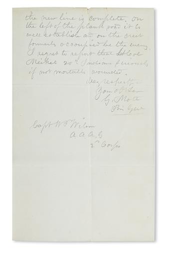 (CIVIL WAR.) Mott, Gershom. Letter describing rifle pits lost to the Confederates during the Siege of Petersburg.